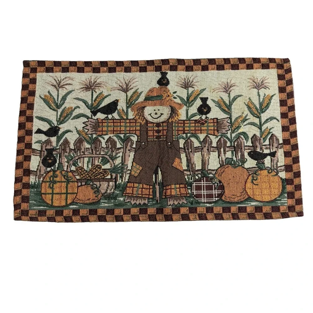 VTG Fall Harvest Tapestry Placemats Set of 4 Scarecrow Pumpkin